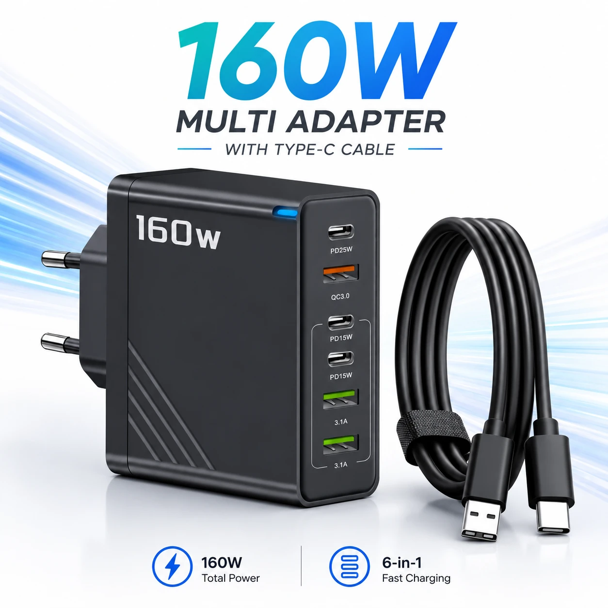 160W Super Fast Multi-Port GaN Charger with 6-in-1 Power Delivery & Type-C Cable