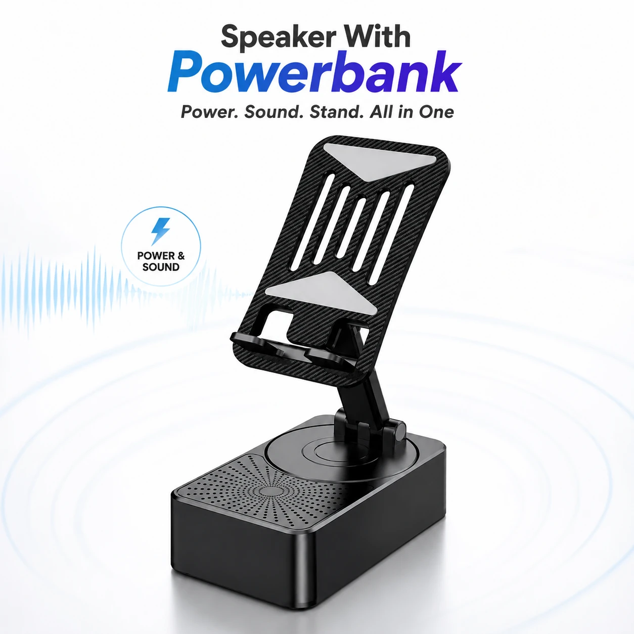 3-in-1 Foldable Mobile Phone Holder with Bluetooth Speaker – Adjustable Desktop Phone Stand, TWS 5.3 Audio, Power Bank & Portable Stand