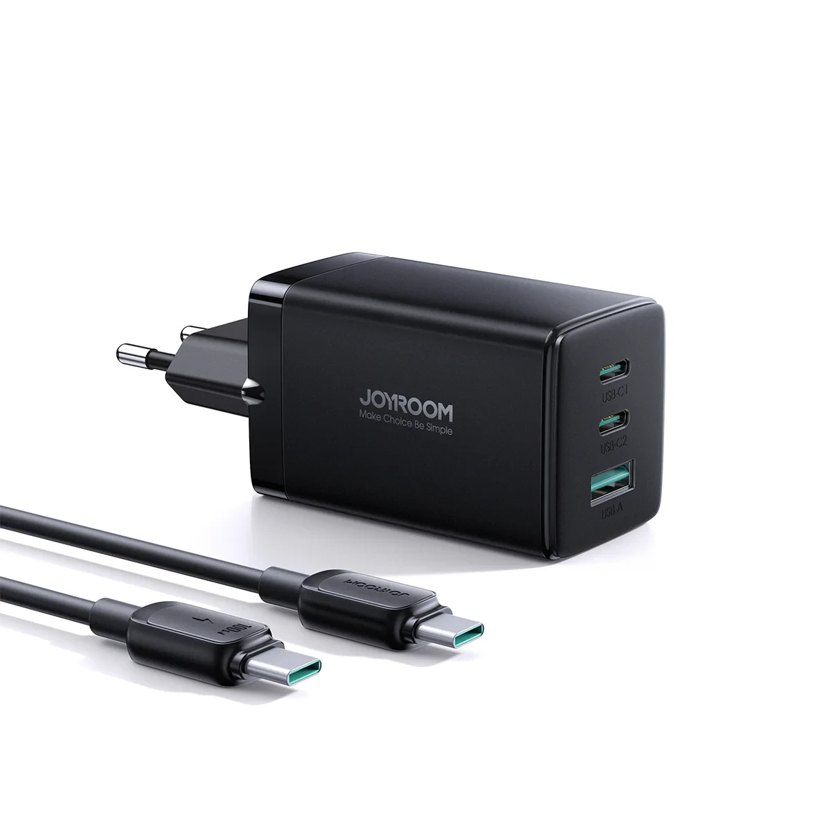 Joyroom JR-TCG01 GaN Ultra 65W Fast Charger – 2C1A Tri-Port Wall Adapter with PD3.1/PPS Support, Fireproof PC Shell & Free 100W Type-C Cable