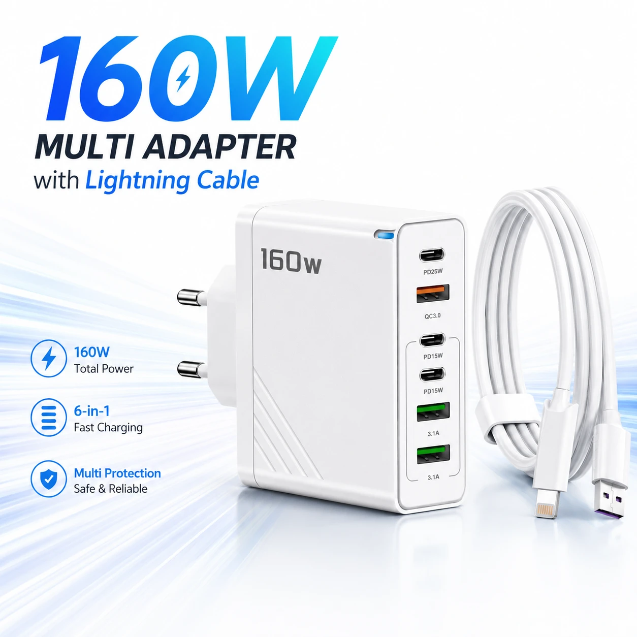 160W Super Fast Multi-Adapter: Ultimate GaN Charger with 6 Ports & Lightning Cable