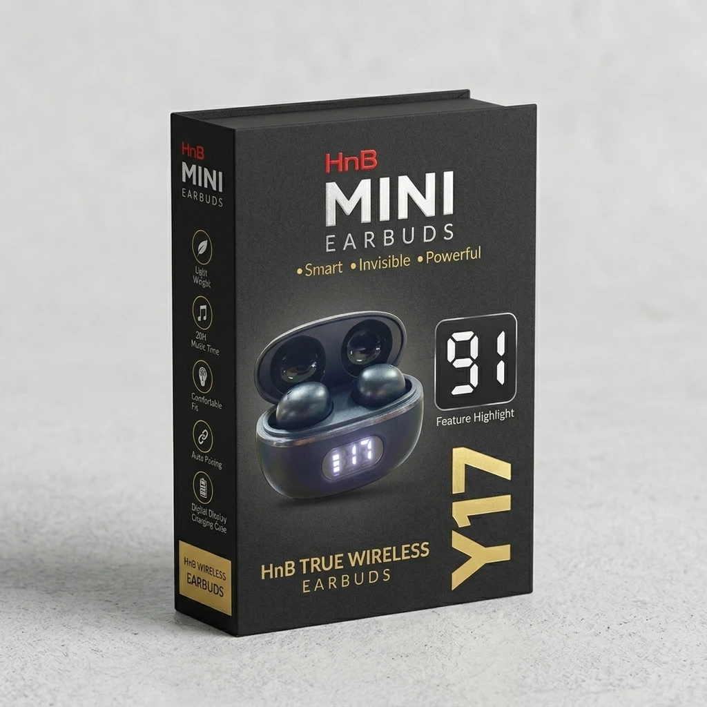 HnB Y17 Mini True Wireless Earbuds – Ultra-Compact In-Ear TWS with Matte Black Finish, Digital LED Battery Display & 20H Playtime