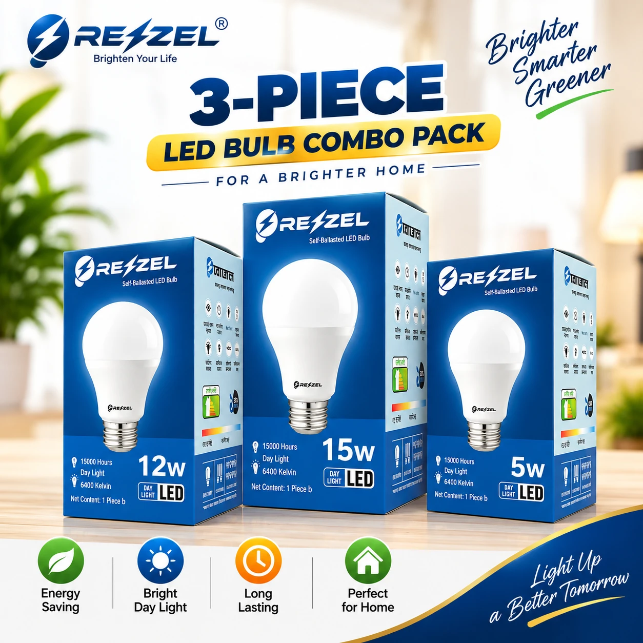 Rezzel LED Bulb 3-Piece Combo Pack (15W, 12W, 5W Assorted) – Energy Saving 6400K Cool White LED Bulbs with 270° Beam Angle, High Lumen Output & 1 Year Warranty