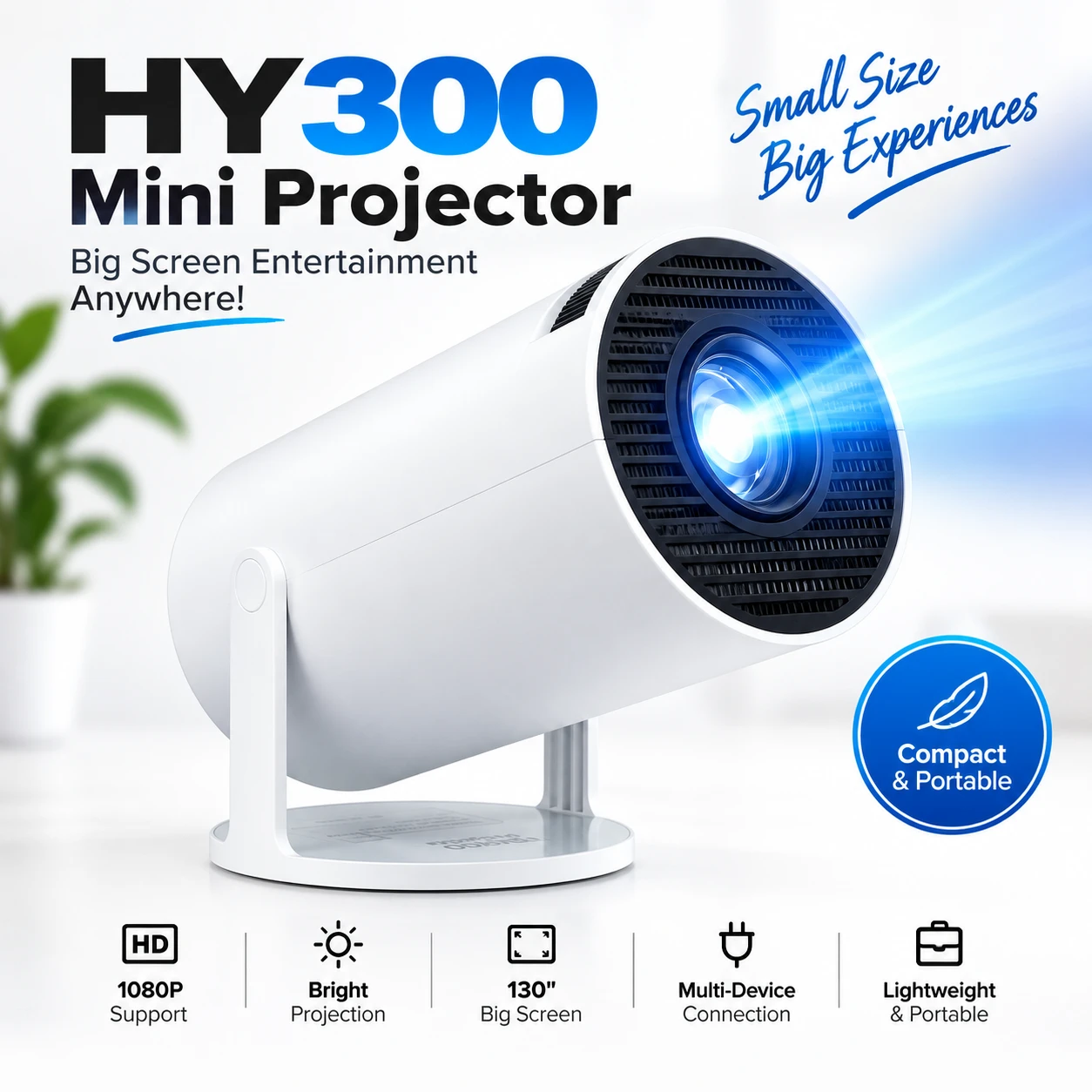 Portable Home Theater Cinema Projector with 30,000H LED Life, Big Screen Display for Movies, Gaming, Sports & Office Presentations