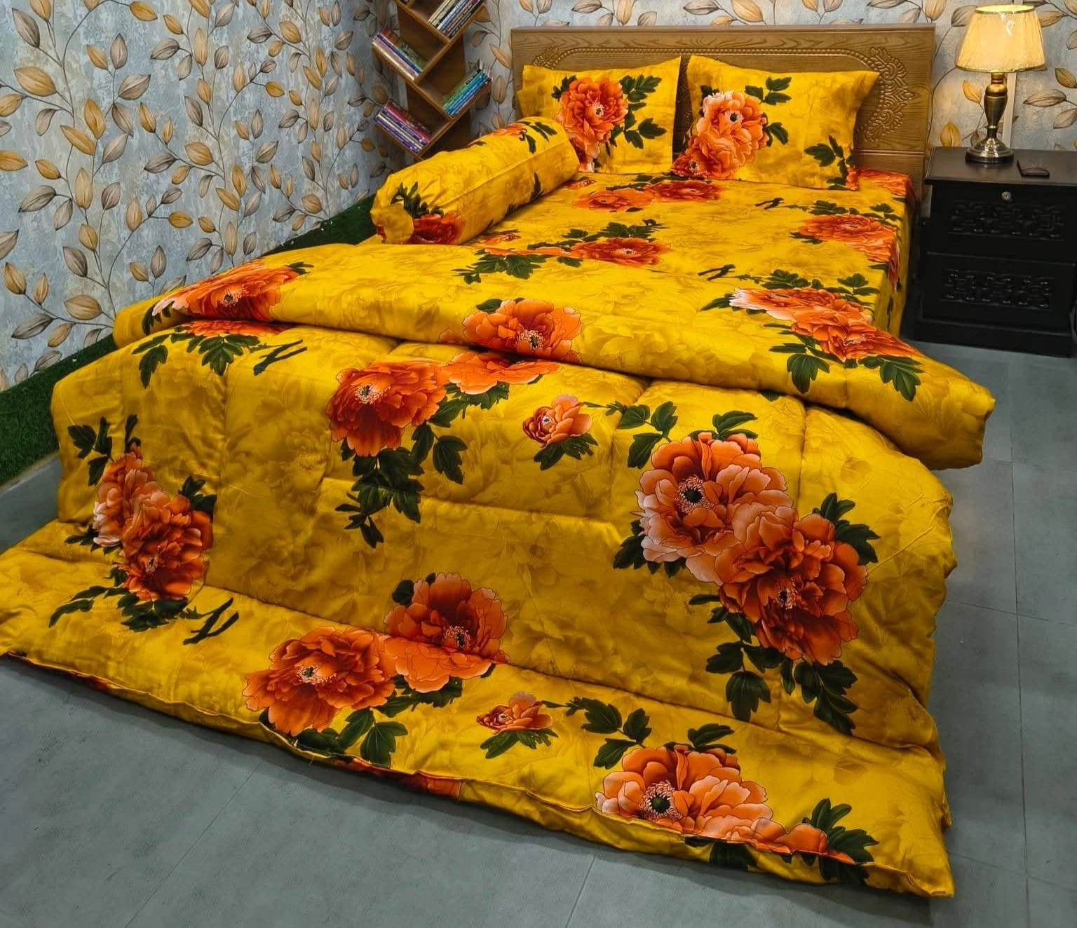Mustard Yellow Floral 5 Pcs Premium Comforter Set - King Size Bedsheet With Comforter