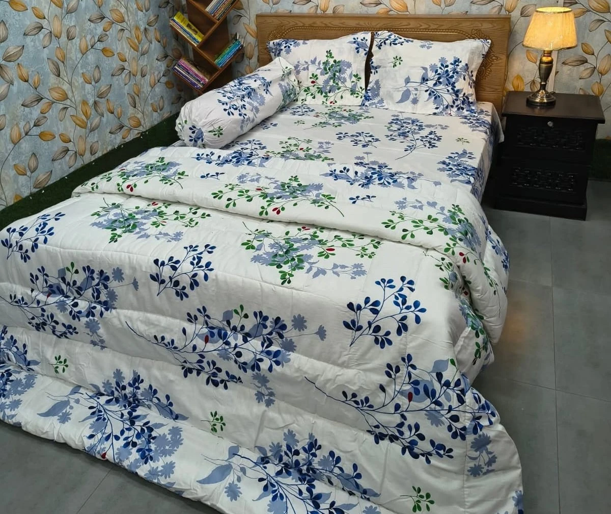 White Blue Leaf 5 Pcs Premium Comforter Set - King Size Bedsheet With Comforter
