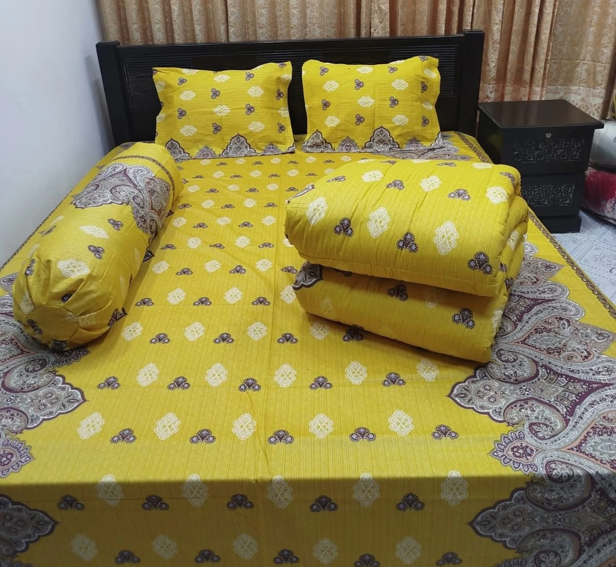 Mustard Yellow Karchupi 5 Pcs Premium Comforter Set - King Size Bedsheet With Comforter