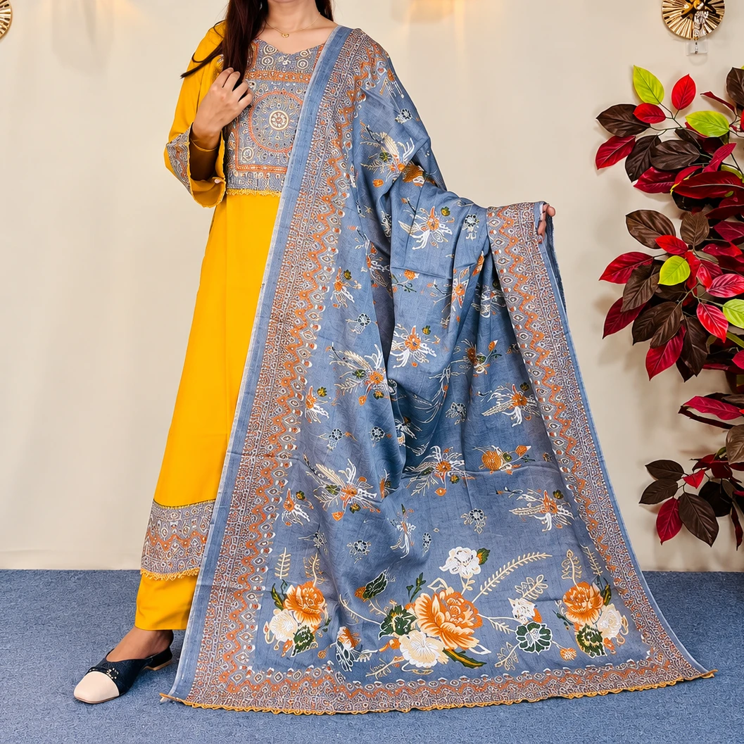 Elegant Mustard Yellow & Slate Blue Printed Unstitched Cotton Three-Piece Set