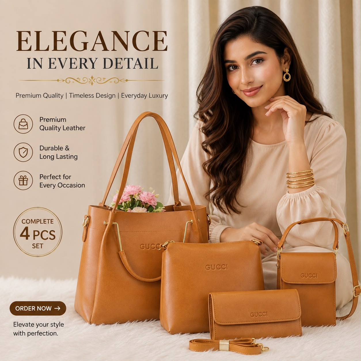4-Pices combo ( Brown) Leather Bag Set
