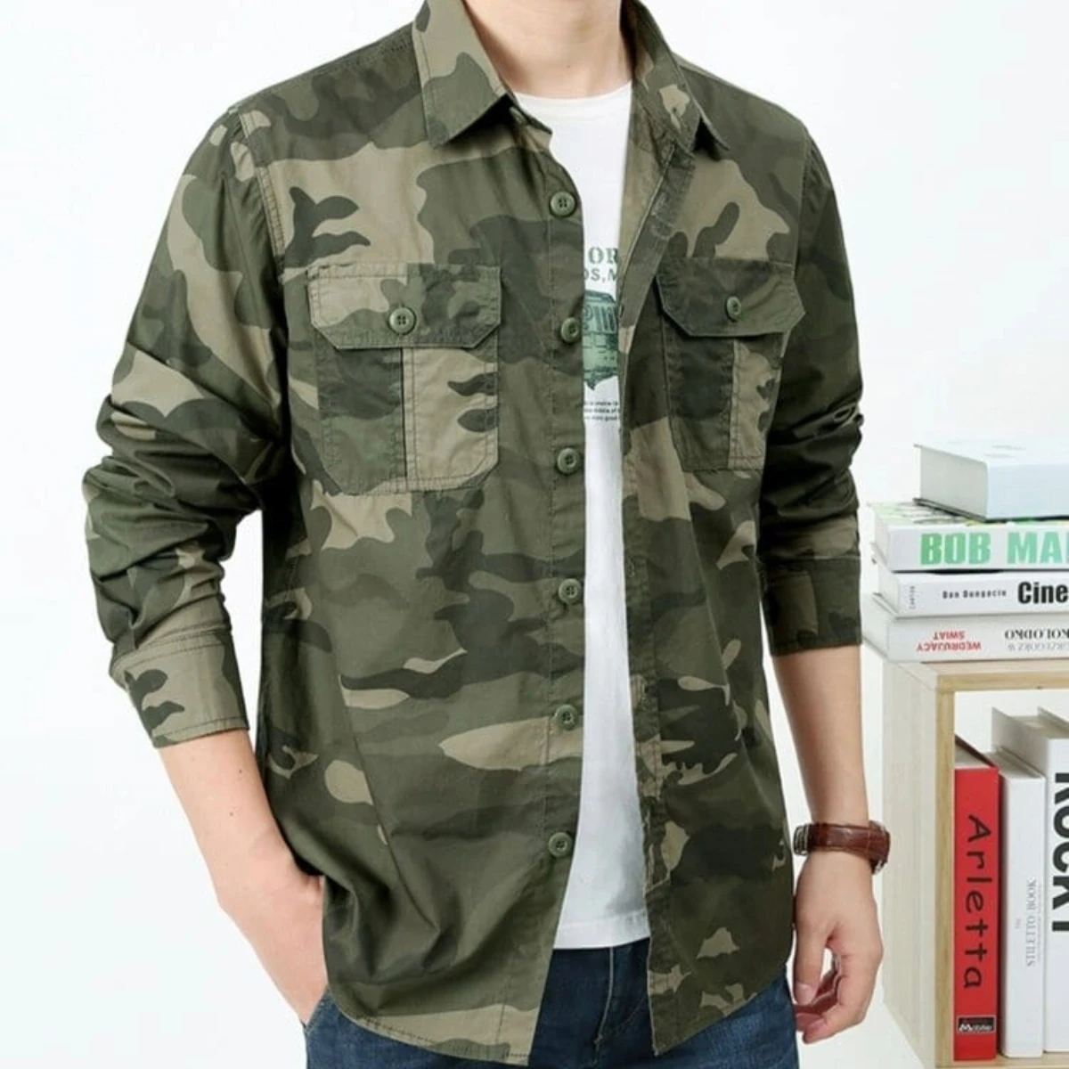 Full sleeves double pocket kemo printed Shirt