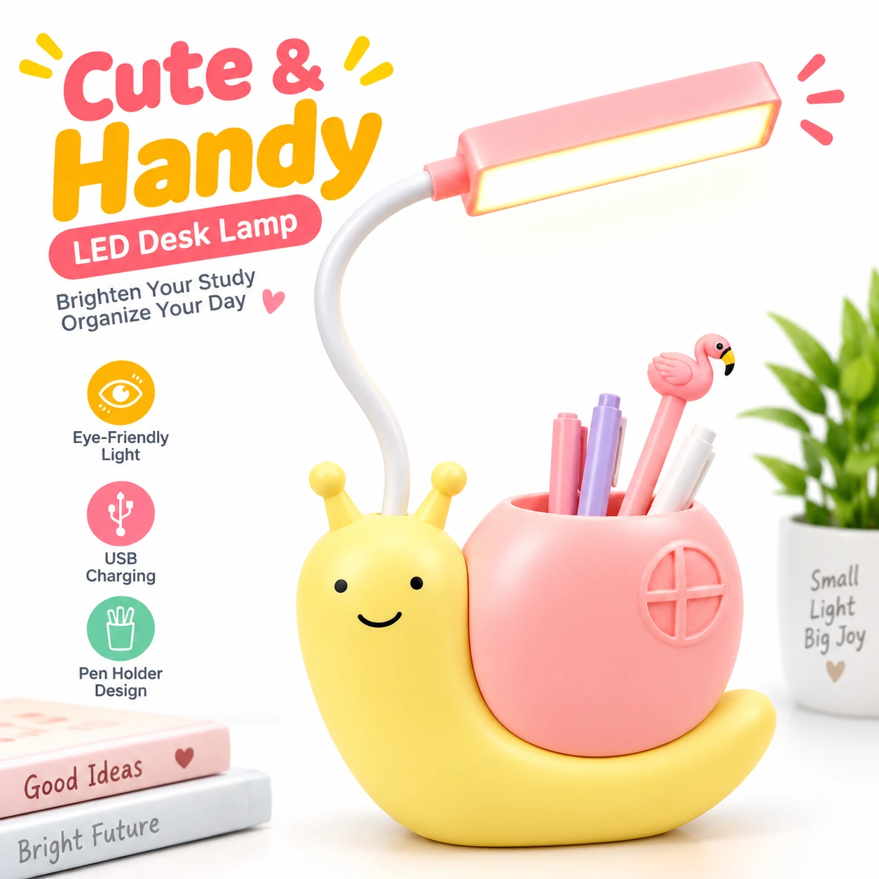 Rechargeable LED Snail Table Light – Child Eye Protection Desk Lamp with Built-In Pen Holder, Flexible Neck & USB Charging for Kids Study & Night Light