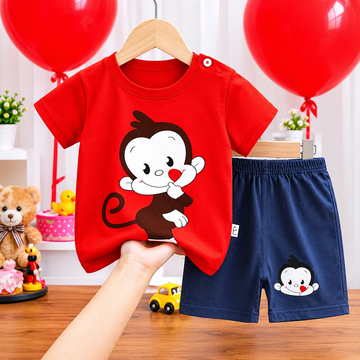 "Playful Mind" Art Print Red and Navy Blue Boys' Summer 2-Piece Set (T-shirt & Shorts Set)