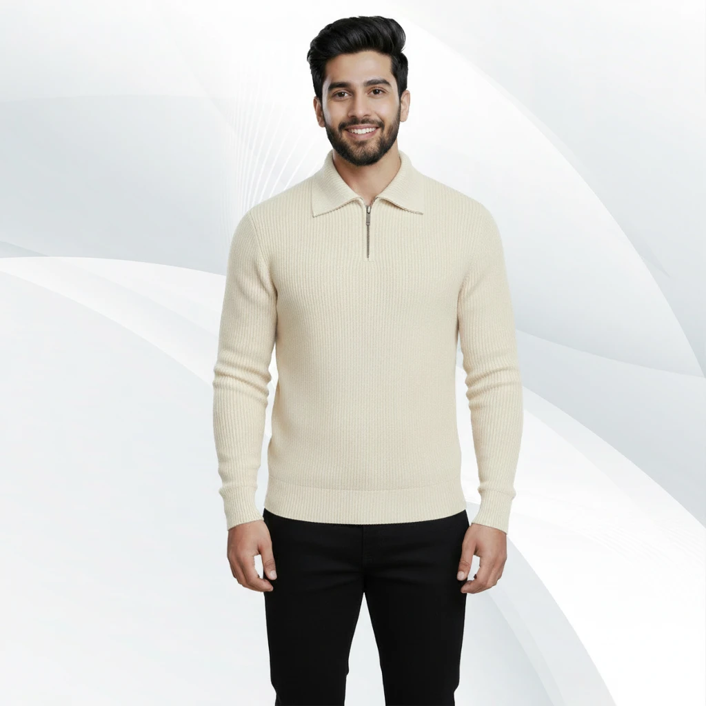 Men's Rib high Neck Sweater Half zipper (Cream)