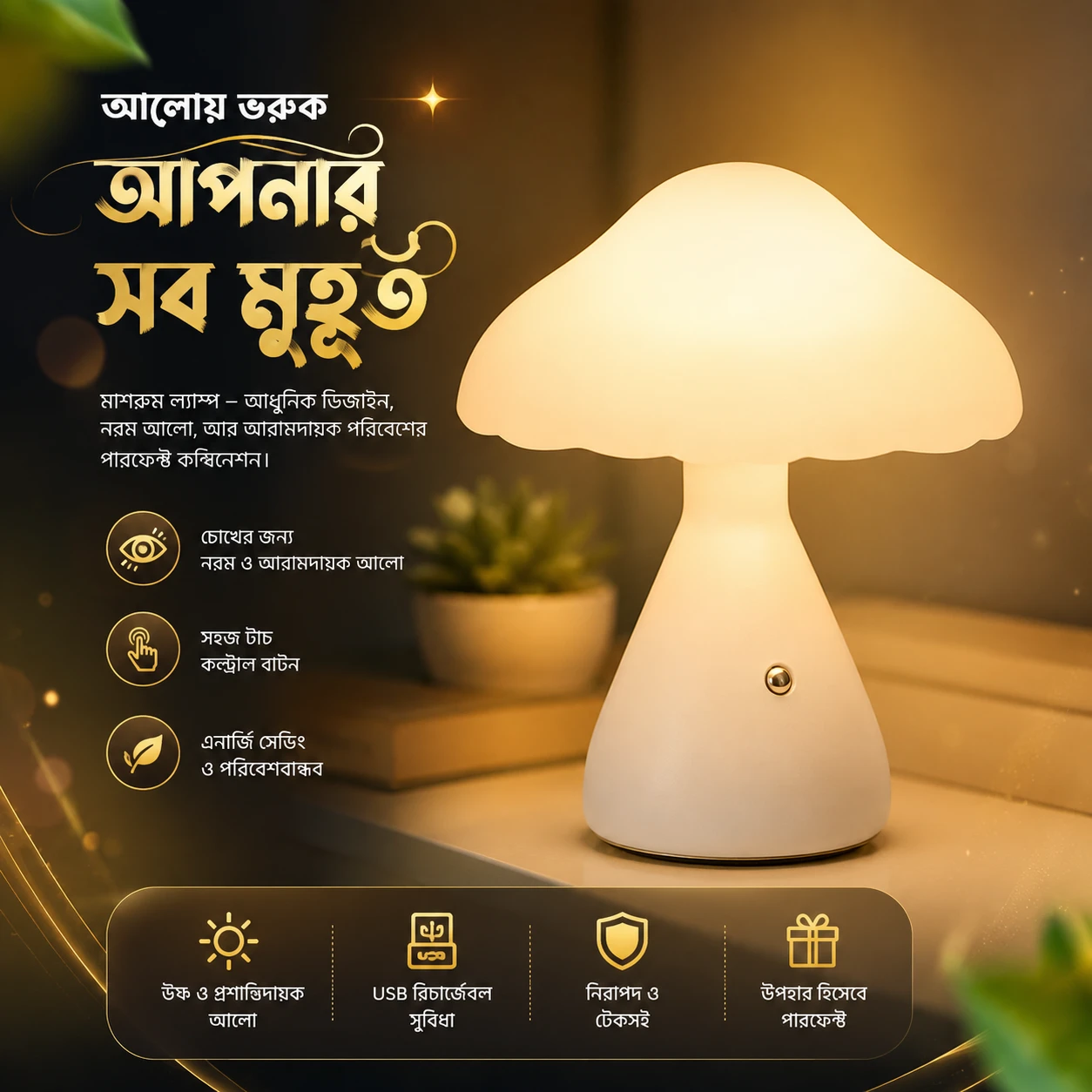 Rechargeable LED Mushroom Desk & Table Lamp – Cordless Touch Control Dimmable Ambient Night Light with Type-C USB Charging for Bedroom & Home Decor