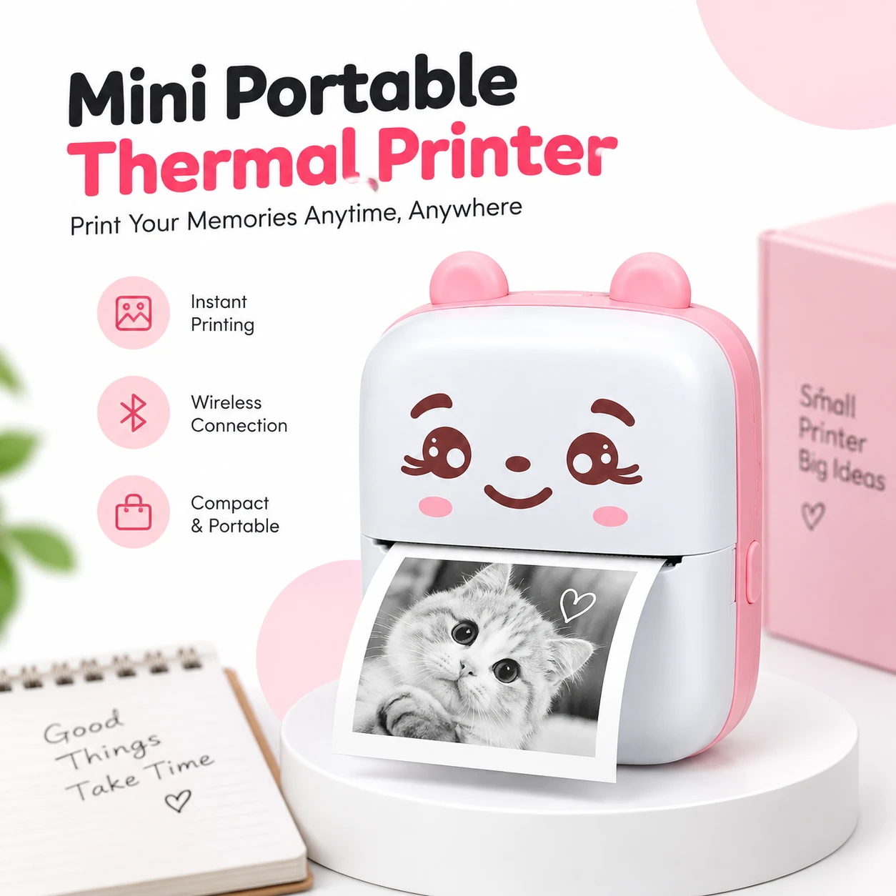 Mini Portable Thermal Printer – Inkless Wireless Bluetooth Sticker & Label Printer with High-Resolution Print, Rechargeable Battery & App Support for Android & iOS