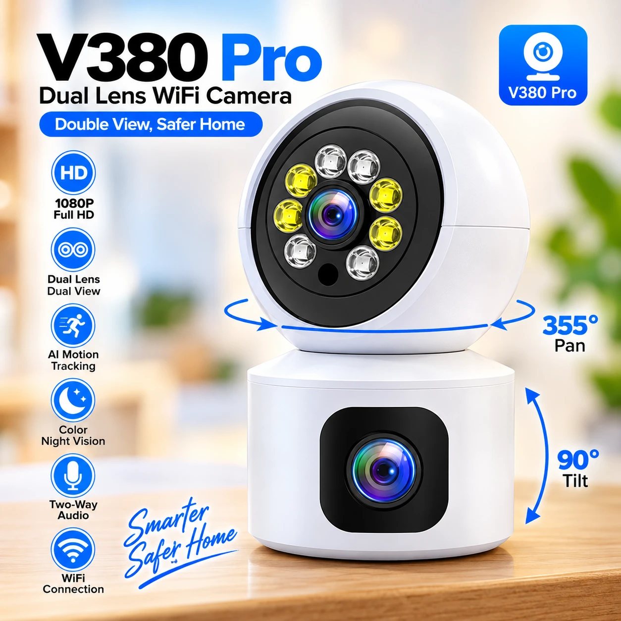 V380 Pro Dual Lens 1080P WiFi Security Camera – Rotatable 360-Degree Wireless Indoor CCTV with Smart AI Motion Tracking, Night Vision & Two-Way Audio (Model: V9L)